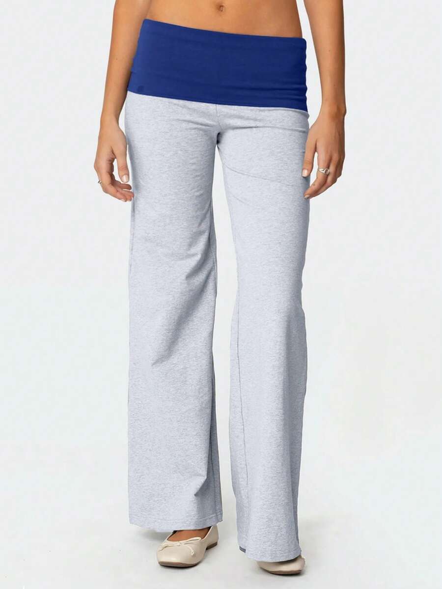 Women Fold Over Yoga Pants Low Rise Solid Color Stretch Casual Straight Wide Leg Palazzo Pants Loose Fit Comfy Flared Leggings Gym Lounge Pants Bootcut Bell Bottoms Baggy Sweatpants Teen Girl Back To School Bottoms Y2k Streetwear - 深淺灰色 - 查看 1