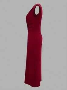Elegant Solid Color Sleeveless Ruffle Trim Tie Waist Button Maxi Dress, Perfect For Wedding Party Summer - Red - View 5