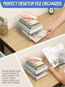 Juego de 2 bandejas de almacenamiento de escritorio, bandejas de acrílico transparente para documentos, bandejas apilables para papel, ideales para accesorios de escritorio, notas adhesivas, bolígrafos, documentos, etc. - por defecto - Ver 3