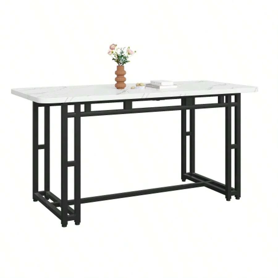 140x80cm Lightweight Luxury Dining Table (1-Pc), Metal Frame, Rectangular Dining Table, Modern Kitchen Table With Metal Legs For Dining Room/Living Room, Black Table Legs - Black and White - View 1