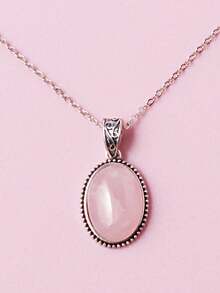 1pc Fashionable & Luxurious Oval Rose Quartz Pendant Necklace For Women - Pink - View 8
