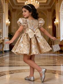 Young Girl' Elegant Floral Jacquard Petal Sleeve Party Dress, Princess Dress For Birthday, Vacation, Wedding, Easter, Gathering - 金色 - 查看 6