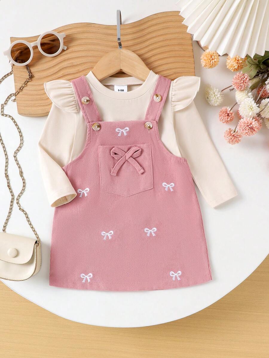 2pcs Baby Girls Cute Stylish Long Sleeve Top + Suspender Dress Set, Lightweight, Spring/Autumn - Pink - View 1