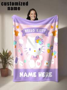Sanrio 1pc Hello Kitty Themed Flannel Blanket, Customizable Name, Pink & White Striped Base With Purple Border & Decor, Cute & Fun Style - Suitable For All Seasons, Soft, Lightweight, Warm, Suitable For Sofa, Bed, Outdoor - Perfect Birthday And Holiday Gift For Family And Friends - Multicolor - View 17