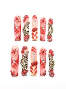 10-Piece 5.5 Cm Handmade Coffin-Shaped Wearable Nails, Featuring Rhinestone, Stripe, And Petal Decorations, Ready-To-Wear Nail Set. Middle Eastern And Valentine's Day Designs, Suitable For Women And Girls For Parties, Holidays, And Daily Wear. Nail Accessories, Acrylic Nail Set, Includes Kit, Hand-Pressed Manicures, Fake Nail Stickers, And Manicure Supplies. - Nhiều màu - Xem 2