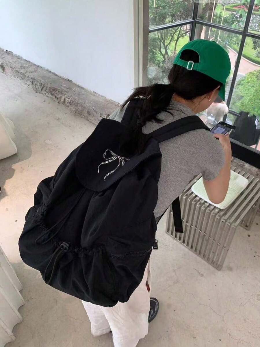 JIANSHANGGUSHI 2026新款抽绳褶皱背包,大容量休闲学生书包,男女通用,防水尼龙面料,多种颜色可选 - 黑色 - 查看 1