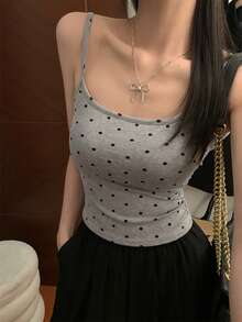 波点吊带背心，带衬垫胸部，露背性感短款上衣，夏季修身款 - 灰色 - 查看 1