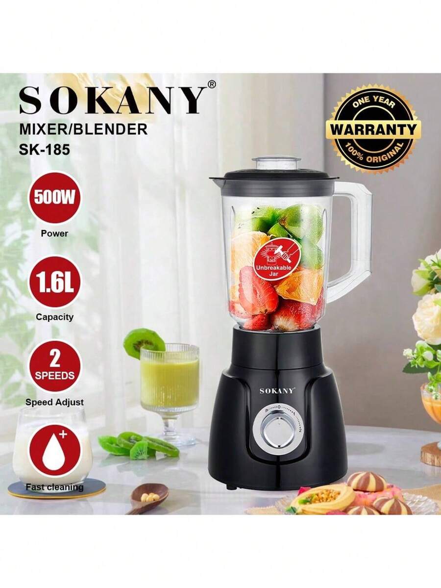 SOKANY185 多功能榨汁机，鲜榨果汁机。配备研磨杯，二合一搅拌研磨功能。双速可调温控，强劲电机，1.6升大容量。适用于榨汁机/烹饪机/食品补充剂机/碎冰机/咖啡豆研磨机。