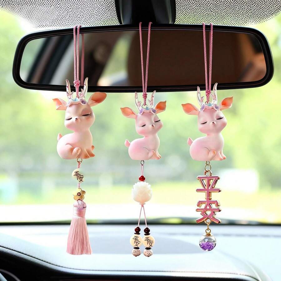 New Cute Pink Deer Car Pendant - Rear View Mirror Decor, Handmade Premium Car Interior Accessory, Gift For Her