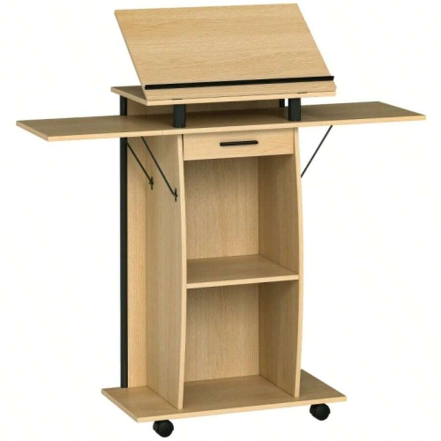 Rolling Lectern With Folding Side Panels, Laptop Table With Drawer And Shelves, Oak Finish - Mustard Yellow - View 1