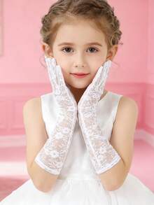 1 paire de gants de demoiselle d'honneur à fleurs en dentelle pour filles de 3 à 8 ans, gants élégants pour mariage, cérémonie et événement formel - Longue fleur en dentelle - Voir 8