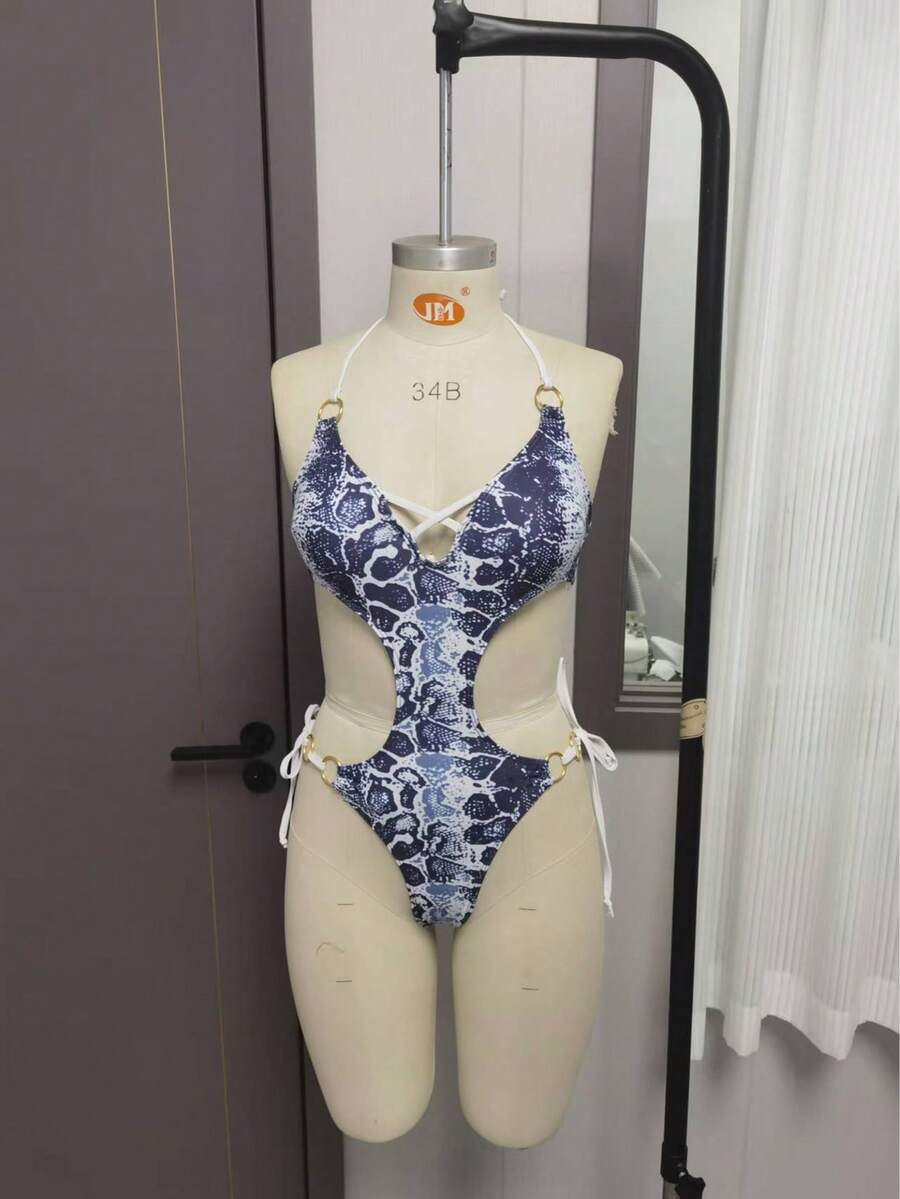 Women's Summer Vacation Snake-Skin One-Piece Sportswear Swimsuit - Blue - View 1