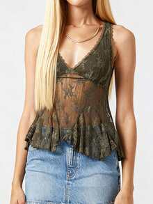 Womens Lace Tank Tops  Sleeveless V Neck Solid Color Ruffle Tops Slim Fit Shirts - Dark Green - View 2