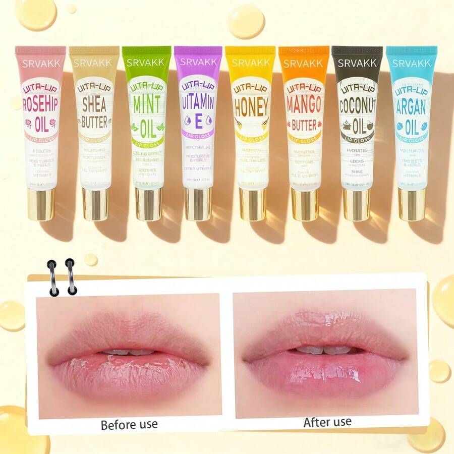 8pcs Vita-Lip Clear Lip Gloss  Ultra-Hydrating & Soothing Formula With Vitamins, High-Shine Non-Sticky Finish Lip Balm With Mint, Rosehip, Coconut, Mango, Argan, Honey, Shea - 8pcs/set - 查看 1
