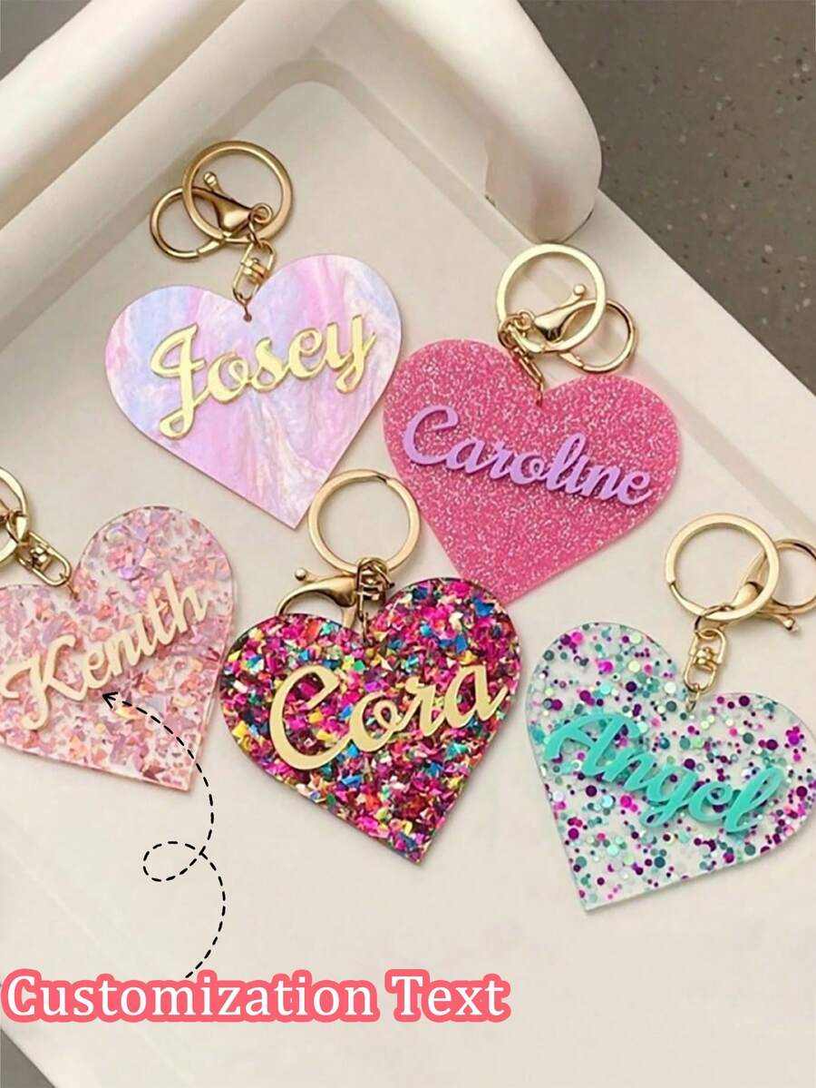1pc Personalized Acrylic Heart Shaped Keychain, Customized Love Heart Keyring, Name Customized Keychain, Laser Cut Keychain, Valentine's Day Gift, Name Bag Keychain Accessory - Multicolor - View 1