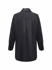 Giolshon Women Faux Leather Jacket Long Sleeve Blazer Shirt-Style Button Down Coat Black - Black - View 7