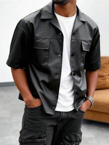 Áo sơ mi nam ngắn tay kiểu dáng đường phố GloMan, màu đen, dáng rộng, có túi nắp và cúc cài, thiết kế unisex, phù hợp cho hẹn hò, đi xem hòa nhạc, leo núi, quà tặng ngày Valentine và quà tặng ngày tựu trường, quà tặng ngày của mẹ. - màu đen - Xem 1