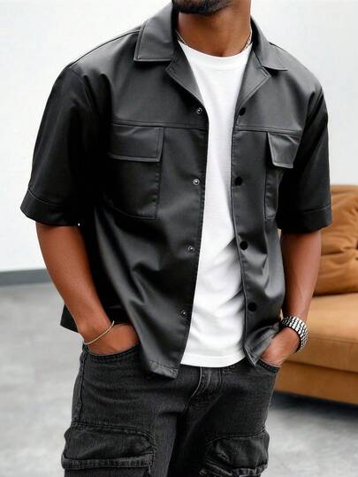 Men's Streetwear Leather Look Short Sleeve Shirt, Oversized Black Shirt With Flap Pockets & Snap Buttons, Unisex Button Up For Women & Men, Perfect For Date Night, Concerts, Hiking,V-Day & Back-To-School Gift