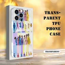 con atuendos coloridos posando y saltando. Esta elegante funda es compatible con los modelos  16, 15, 14 Pro Max, 13, 12, 11, XR y XS Plus. Fabricada en silicona TPU, ofrece protección contra golpes y caídas, además de una sensación superior. Es un regalo ideal para familiares, amigos y seres queridos, y una opción perfecta para Navidad. - transparente - Ver 4