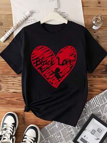 Black Love Heart Graphic T Shirt For Women Plus Size Black History Month Celebration Apparel Valentine Day Gift Fashion Statement Top - màu đen - Xem 2