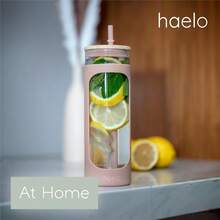 haelo - Vaso de vidrio de 20 onzas taza de café helado con pajita funda protectora de silicona tapa de bambú reutilizable última intervensión de BPA ámbar - mbar - Ver 7