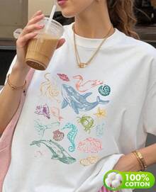 Camiseta blusa top tshirt playera con estampado de vida marina para mujer de manga corta extragrande para verano, para vacaciones en la playa. - Blanco - Ver 1