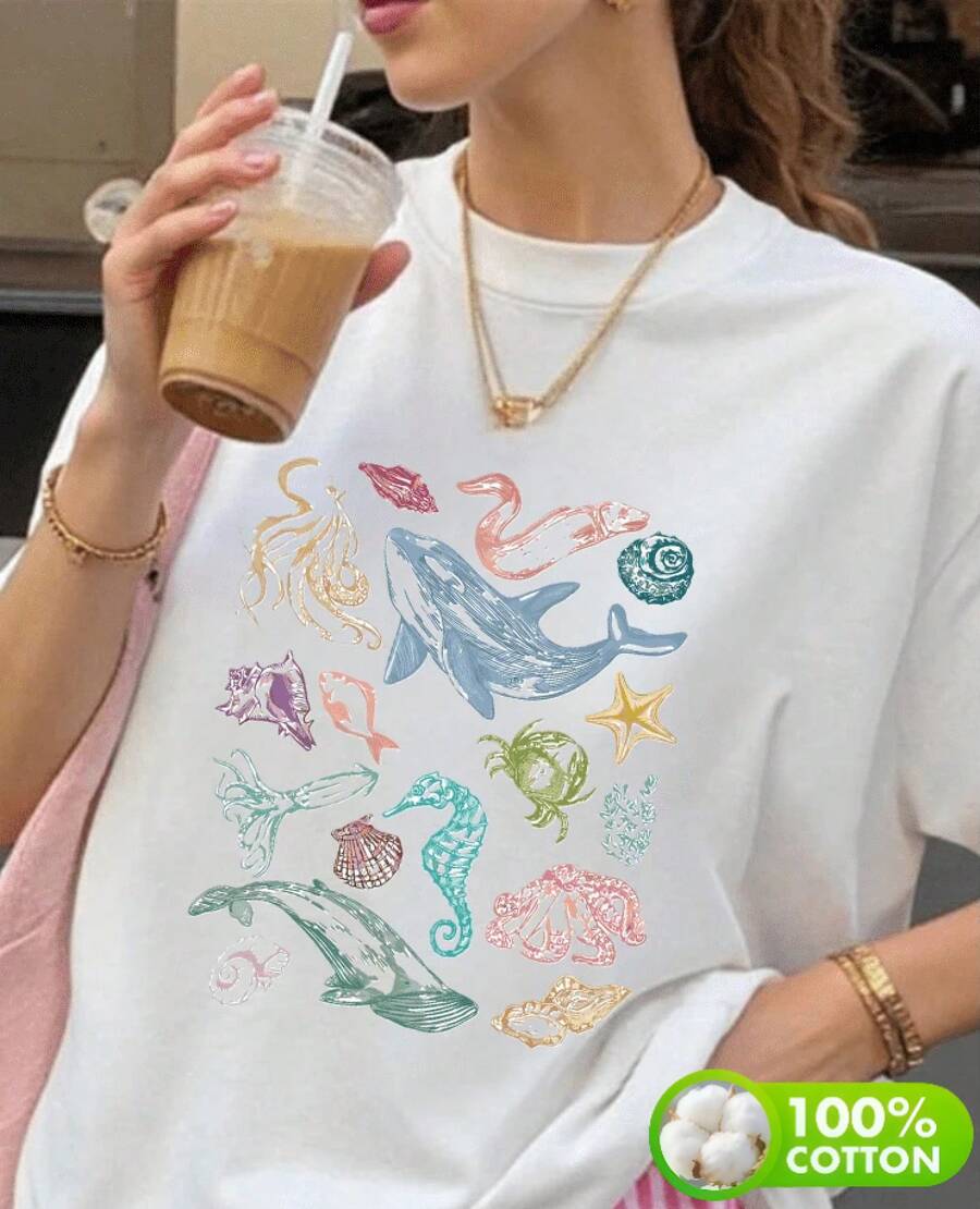 Camiseta blusa top tshirt playera con estampado de vida marina para mujer de manga corta extragrande para verano, para vacaciones en la playa. - Blanco - Ver 1