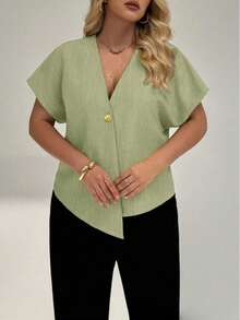 Stylish Plus Size Short Sleeve V Neck Woven Top Featuring Gold Button And Asymmetrical Hem Blouse Blouse For Women Plus Size Elegant Summer - Mint Green - View 3
