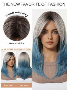 20英寸合成纤维渐变蓝色蝴蝶发型长直层次假发，带刘海，适合日常佩戴和派对。 - 漸層藍色 - 查看 3