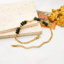 Vintage Design Natural Stone & Stainless Steel Beaded Bracelet, 18K Gold Plated, High-End, Non-Fading, Suitable For Women's Daily Wear Or Party Events - Dark Green - View 2