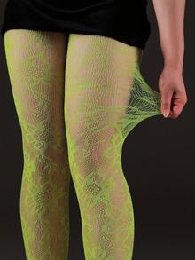 1件装加大码花卉提花渔网紧身裤，镂空修身款，性感时尚，适合派对、居家、办公、万圣节、Y2K、哥特风、返校季等场合。 - 黃色 - 查看 2