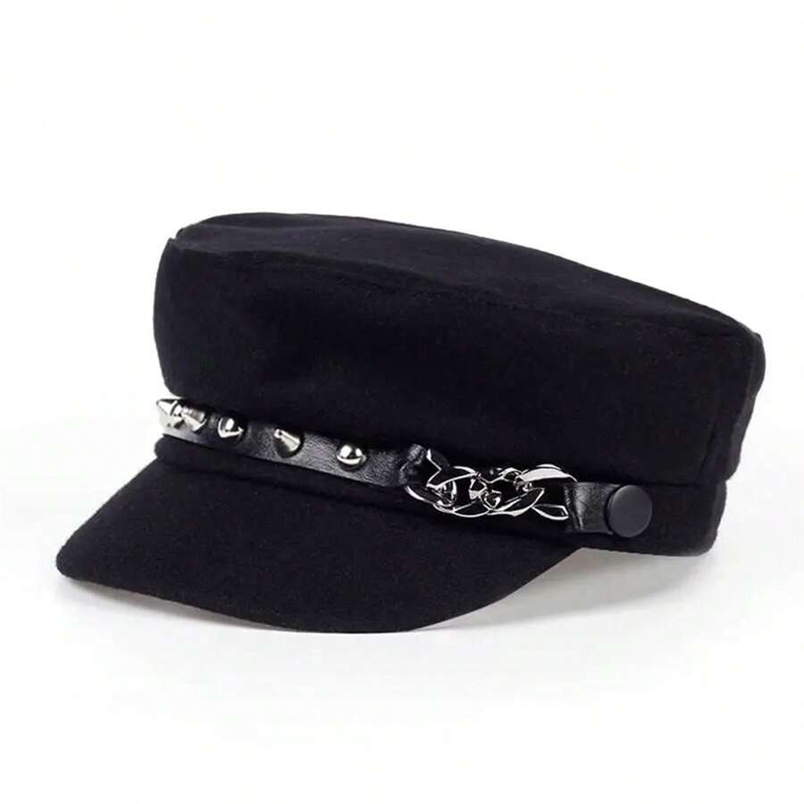 1Piece Men Black Rivet Studded Chain Fiddler Cap Cabbie Hat Outdoor Sunscreen Leisure Hat Spring Autumn Travel Tourism Beach Vacation - 彩色 - 查看 1