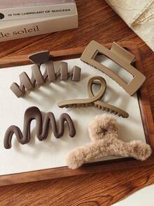 5pcs/1pc 4.64in/11.8cm Brown Solid Warm-Tone Square, Rib, Cross, Curved, Plush Hair Clips, Fashion Versatile High-End Elegant Simple Minimalist Solid Color Hair Claws, Suitable For Daily Outing, Casual, Party, Commute, Vacation, Ponytail, Bun, Face Washing, Makeup, Outfit Matching Accessories Elegant Claw Clips - Brown - View 10
