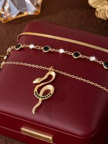 1 Set Vintage Luxury Emerald Snake Pendant Necklace, Green Gemstone Y-Necklace, Exotic Mysterious High-End Design Jewelry For Women, Suitable For Daily Commute, Gatherings With Friends, Fashion Shoots, Banquets, Vacation Decoration, Charming Gift - Dark Green - View 2