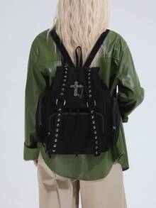Mochila de cuero suave original de la era Y2K, decoración con cruz y cadena gótica, tela de ante, bolso de viaje - Negro - Ver 4