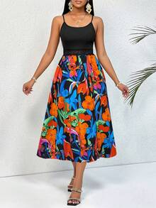 Ladies' Spliced Floral Print Split Suspender Dress (Random Pattern) - Burnt Orange - View 5