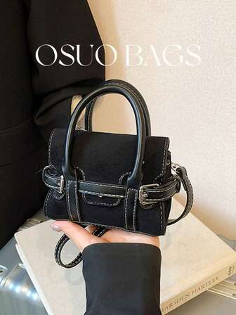 1个迷你双提手PU皮革斜挎包，印花装饰，拉链封口，多功能，可装口红、耳机等