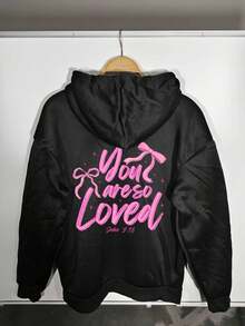 Women's Plus Size Pink Bow Hoodie, Warm And Windproof Athletic Top, Kangaroo Pocket Casual Hoodie