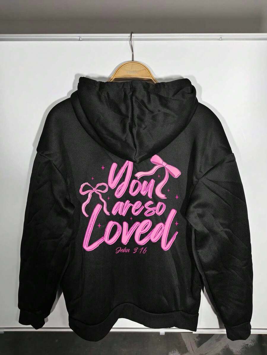 Women's Plus Size Pink Bow Hoodie, Warm And Windproof Athletic Top, Kangaroo Pocket Casual Hoodie