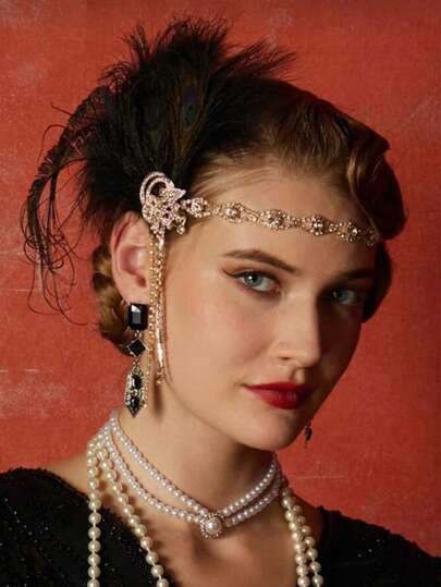 1920s Flapper Headband, Rhinestone Feather Roaring 20s Great Gatsby Headpiece Hair Accessories For Women Women Hair Bands Summer Outfits,Festival,Party