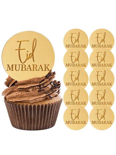 10 st Eid Mubarak graverade speglade akryl muffinstoppare Ramadan festdekoration semesterfest middagsbordstillbehör