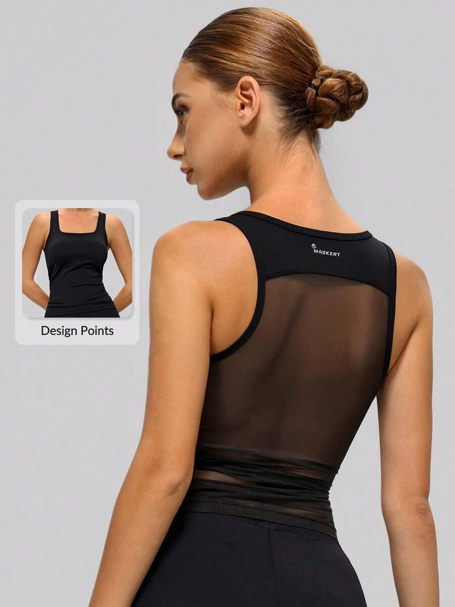 MASKERT Áo tank top thể thao nữ, thiết kế cổ vuông, phối lưới phía sau, thoáng khí, thân thiện với da, không tay, phù hợp cho tennis và tập thể dục. - màu đen - Xem 1