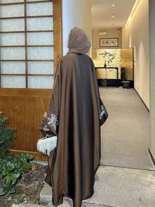 Embroidery & Beading Satin Cardigan Abaya 3D Butterfly Embroidery Kimono Minimalist & Elegant Cardigan Abaya - Brown - View 1