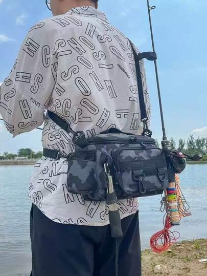 1 pieza Bolsa de aparejos de pesca multiusos impermeable, disponible en camuflaje, patrón geométrico o unicolor, con cierre de cremallera y correa para el hombro. Ideal para almacenar equipo de senderismo, camping y pesca al aire libre.