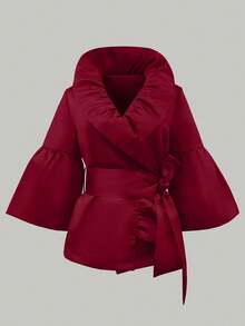 Áo cánh cổ bèo nhún tay bồng thanh lịch dành cho nữ, vải dệt trơn màu, cà vạt bèo nhún, thanh lịch cho tiệc sinh nhật, đêm hẹn hò, mùa xuân/thu - Đỏ - Xem 5