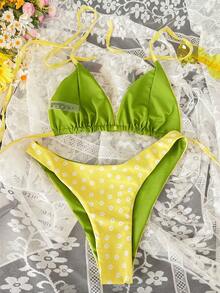 女士新款可爱黄色碎花双面绿色比基尼套装，深V领系带露背泳衣 - 彩色 - 查看 5
