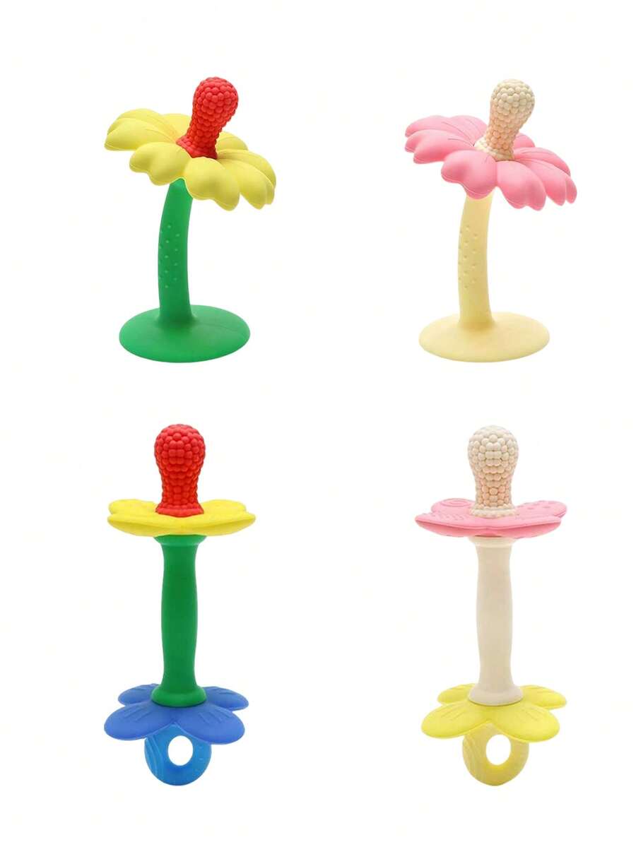 1pc Baby Silicone Teether 2 In 1 Flower Design Easy To Hold Portable Travel Teething Toy Baby's Accessories Boy And Girl Teethers Gifts - Multicolor - View 1