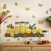 1pc Kitchen Wall Sticker - Lemon Jar And Butterfly On Shelves, Self-Adhesive Decor For Kitchen And Dining Room; Farmhouse Style Shelves Wall Decal - Decorative Lemon Jar And Butterfly, Removable Wall Mural For Living Room; Hand-Painted Lemon Jar Wall Sticker - Whimsical Butterfly And Shelves Design, Self-Adhesive Art For Sunny Kitchen Corner - Multicolor - View 3