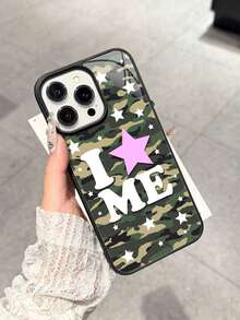 迷彩星形字母图案亮面亚克力手机壳，兼容苹果17/16 Pro Max、14、13、12、11 Pro Max、XS Max、X、XR、8、7 Plus、15、13 Pro Max、16、14 Plus、11，可作为生日礼物、送给女友、男友或自用。 - 黑色 - 查看 5