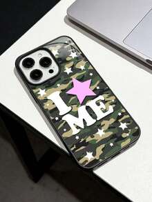 迷彩星形字母图案亮面亚克力手机壳，兼容苹果17/16 Pro Max、14、13、12、11 Pro Max、XS Max、X、XR、8、7 Plus、15、13 Pro Max、16、14 Plus、11，可作为生日礼物、送给女友、男友或自用。 - 黑色 - 查看 1